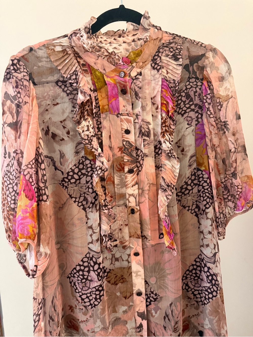 Coach Pink Floral Sheer Ruffle Front Blouse